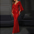 Damen Glamouröses Abendkleid mit schimmernden Pailletten und voluminösen Ärmeln R&B