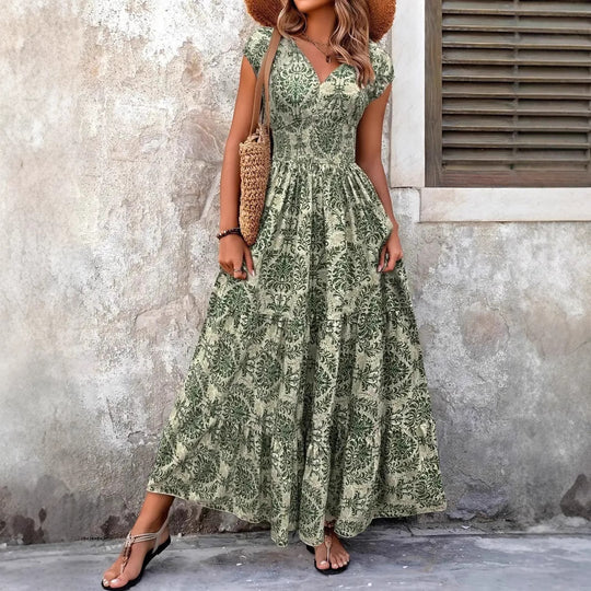 Damen Maxikleid mit romantischem Vintage-Muster und fließendem Schnitt R&B