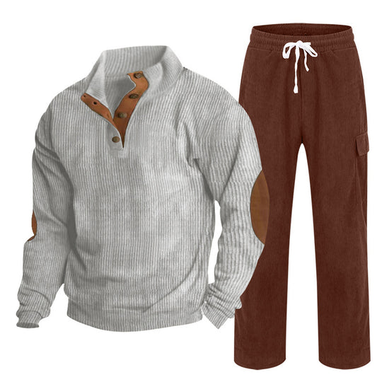 Herren nan Strick-Freizeitset mit Knopfleiste und Ellenbogenaufnähern sowie Cord-Cargohose R&B