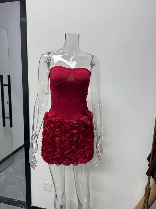 Damen Sexy Minikleid mit Blumenapplikationen und herzförmigem Ausschnitt R&B