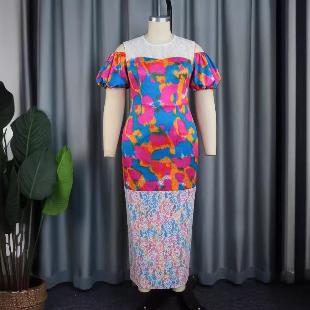 Damen Maxikleid mit voluminösen Puffärmeln und floralem Spitzenbesatz R&B