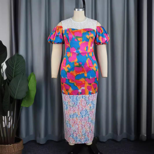 Damen Maxikleid mit voluminösen Puffärmeln und floralem Spitzenbesatz R&B