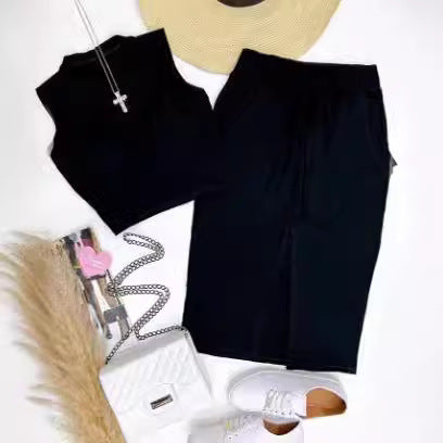 Damen Set aus tailliertem Crop-Top und Hochbund-Rock mit Gürtel R&B