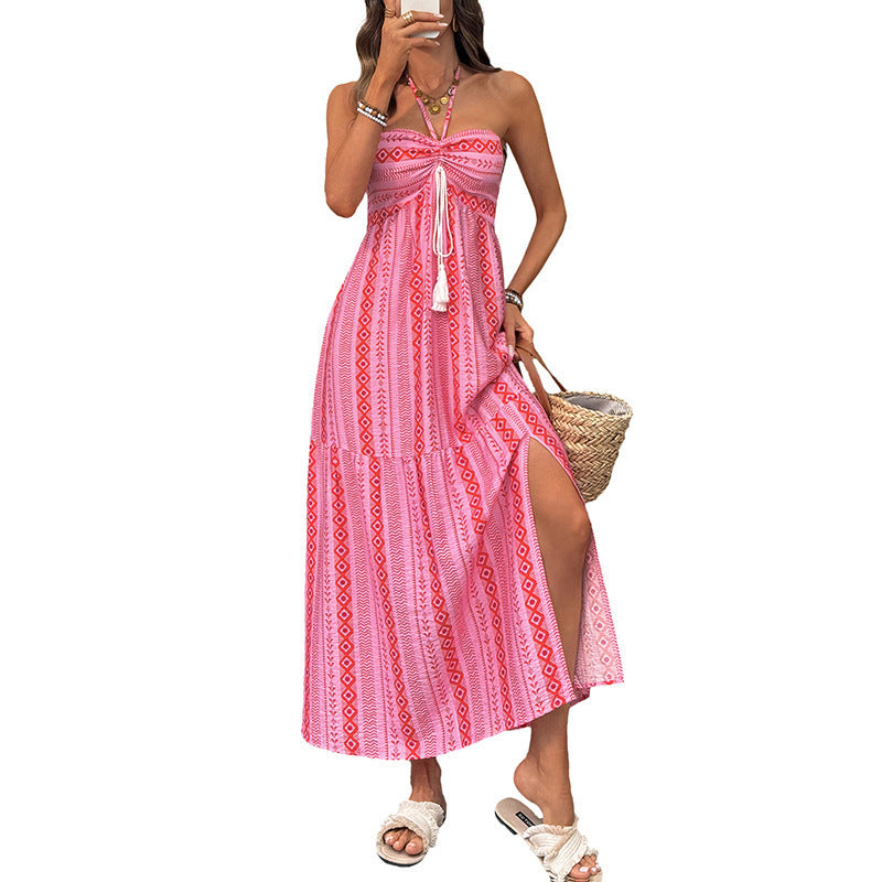 Damen Maxi-Strandkleid mit elastischem Oberteil und verspieltem Muster R&B