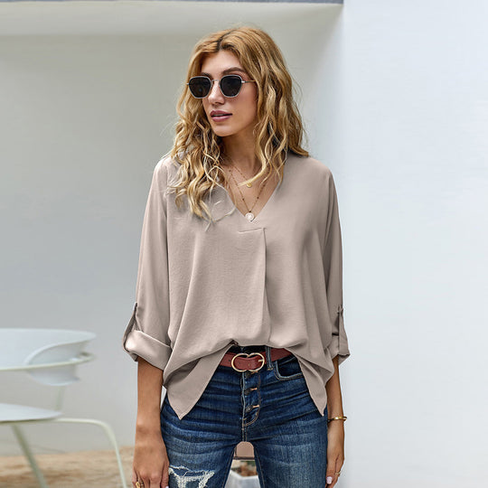Damen Bluse mit V-Ausschnitt und lässigen langen Ärmeln R&B