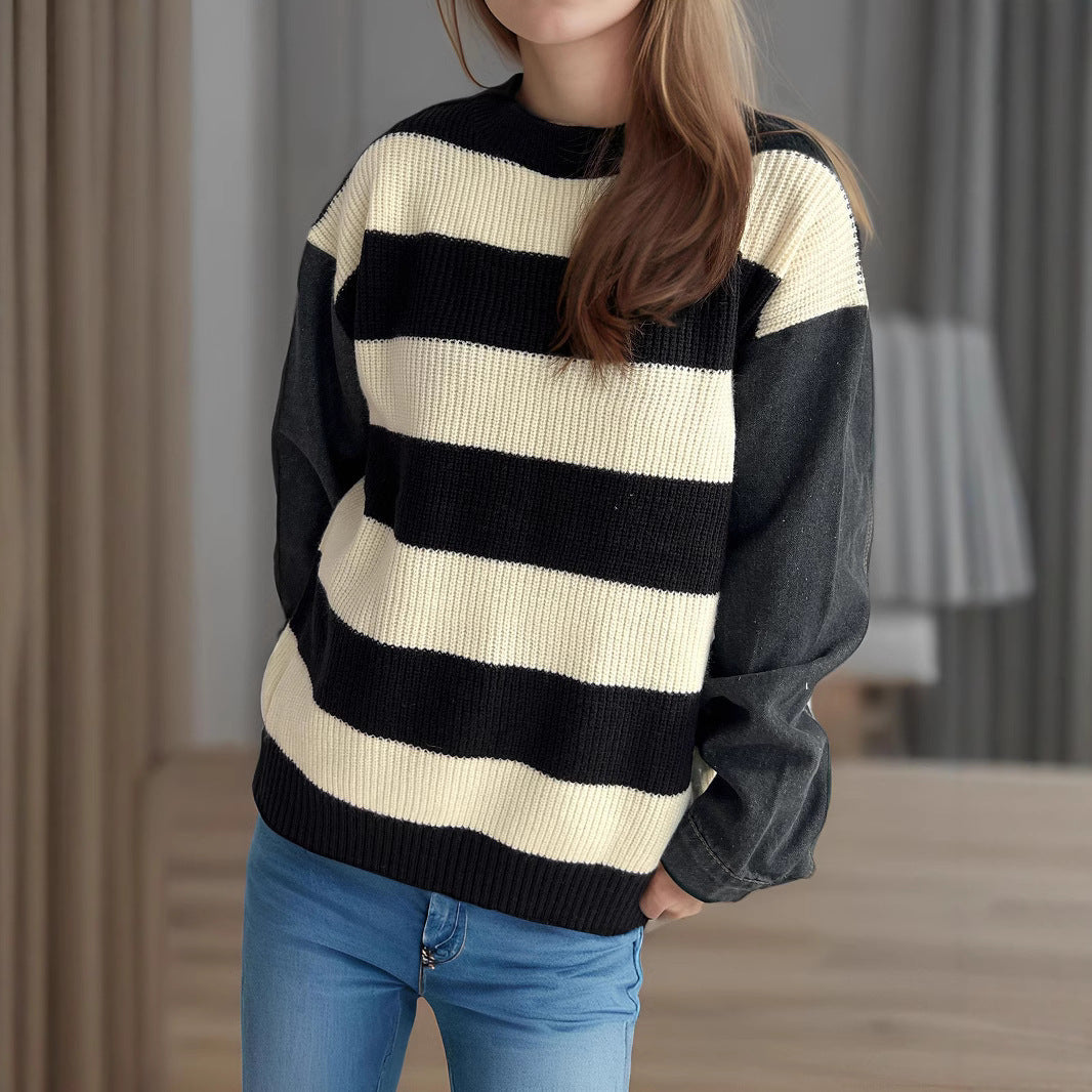 Damen lässiger Strickpullover mit auffälligem Blockstreifenmuster und weiten Ärmeln R&B
