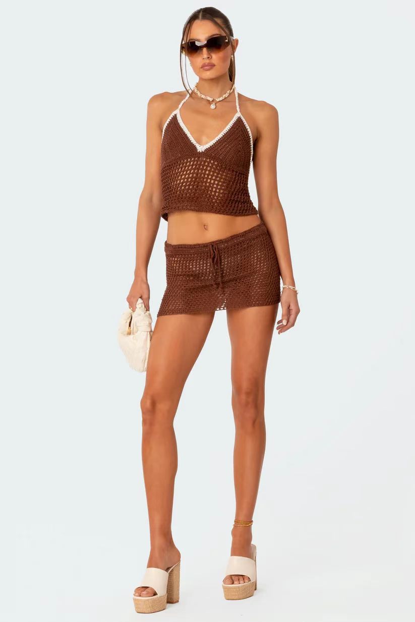 Damen gehäkeltes Strand-Outfit mit verstellbarem Oberteil und Shorts R&B