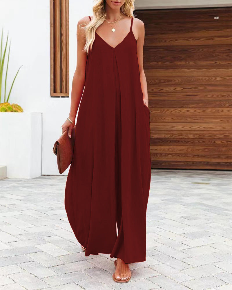 Damen Maxi-Jumpsuit mit elegantem V-Ausschnitt und seitlichen Taschen R&B