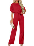 Damen langer Jumpsuit mit innovativem Bindegürtel und angeschnittenen Ärmeln R&B