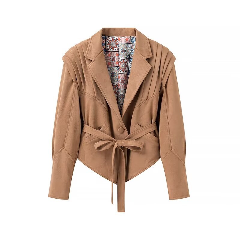 Damen modische kurze Blazerjacke mit Gürtel und dekorativen Falten R&B