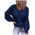 Damen Strickpullover mit V-Ausschnitt und voluminösen Ärmeln