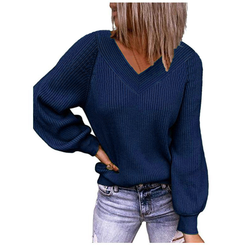 Damen Strickpullover mit V-Ausschnitt und voluminösen Ärmeln