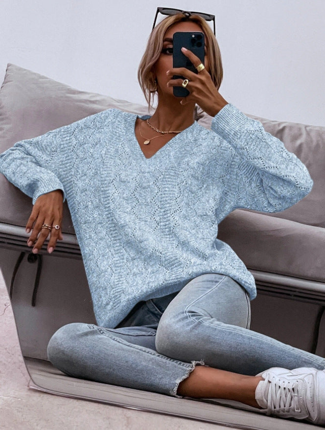 Damen Strickpullover mit V-Ausschnitt und lockerer Passform R&B