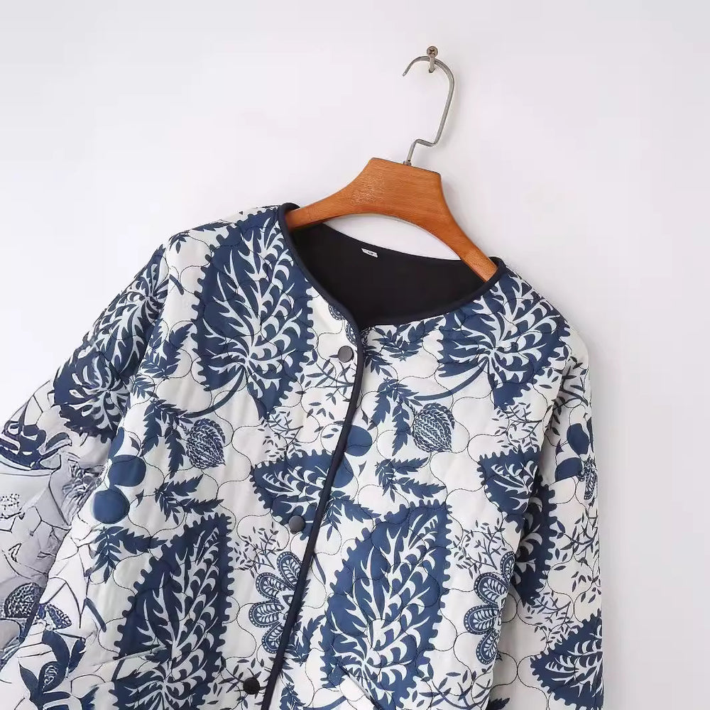 Damen gestepptes Blumenjacke mit innovativen Tasche und Rundhals R&B