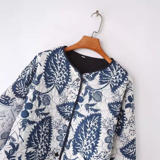 Damen gestepptes Blumenjacke mit innovativen Tasche und Rundhals R&B