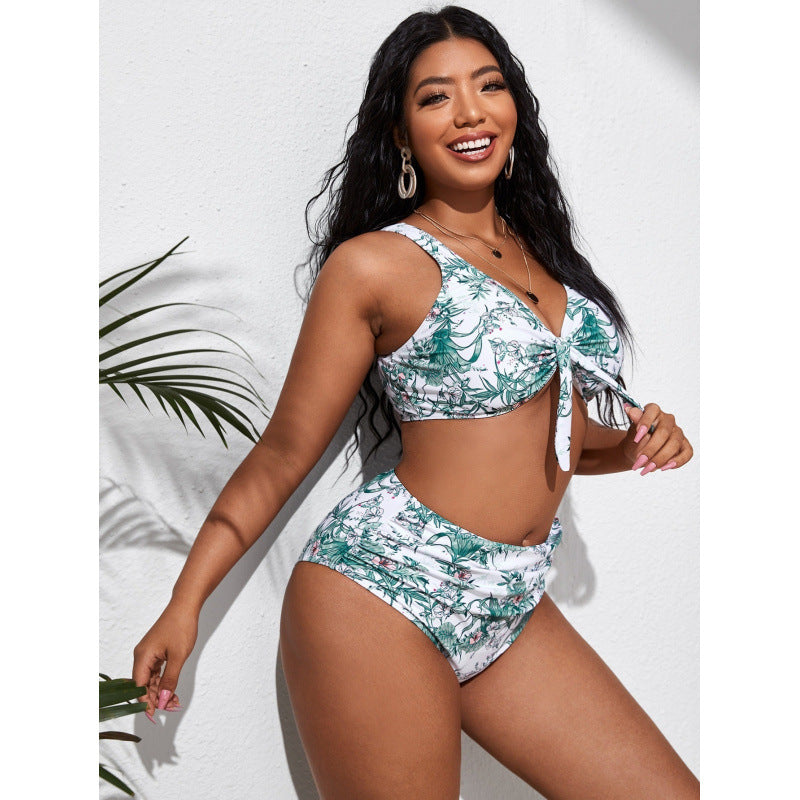 Damen Hochgeschnittener Bikini mit modischem Wickeloberteil und floralem Muster R&B