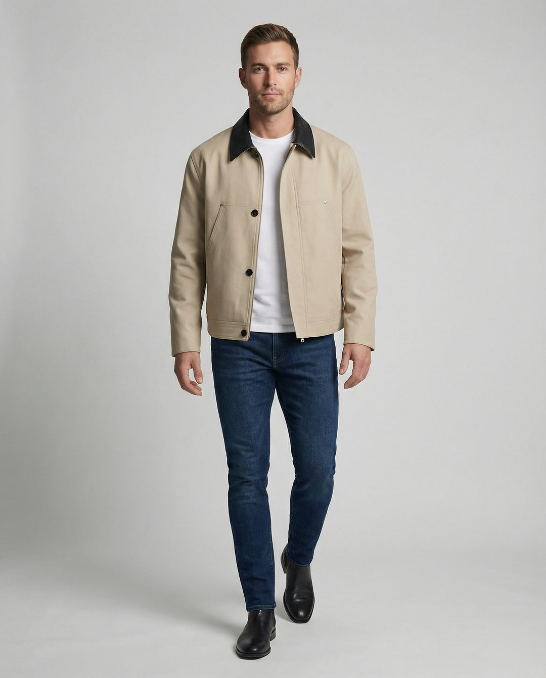 Herren kastenförmige Kurzjacke im Blousonstil mit Kontrastkragen in Lederoptik und seitlichen Eingrifftaschen R&B