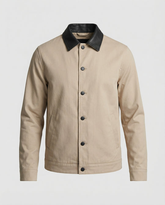 Herren kastenförmige Kurzjacke im Blousonstil mit Kontrastkragen in Lederoptik und seitlichen Eingrifftaschen R&B