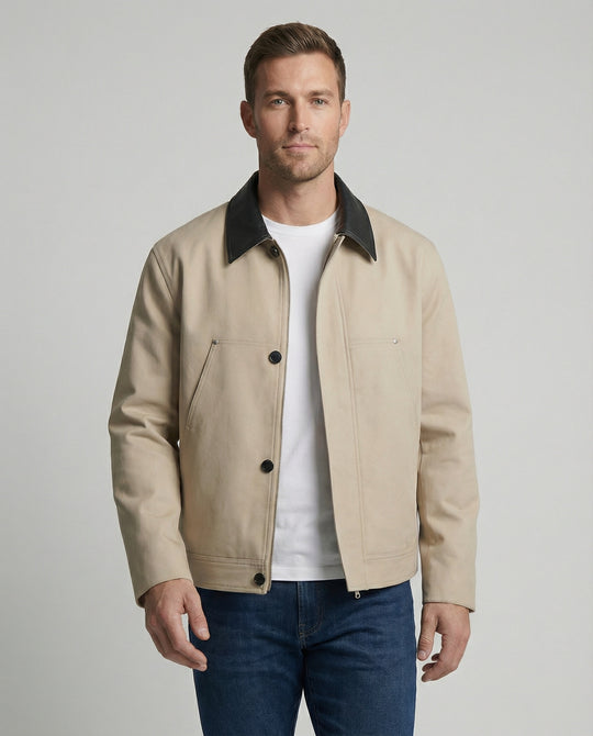 Herren kastenförmige Kurzjacke im Blousonstil mit Kontrastkragen in Lederoptik und seitlichen Eingrifftaschen R&B