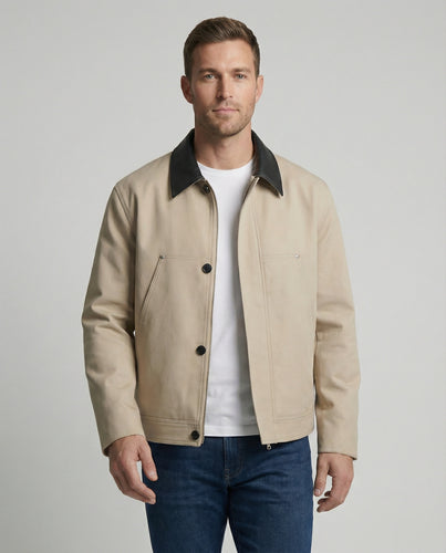 Herren kastenförmige Kurzjacke im Blousonstil mit Kontrastkragen in Lederoptik und seitlichen Eingrifftaschen R&B