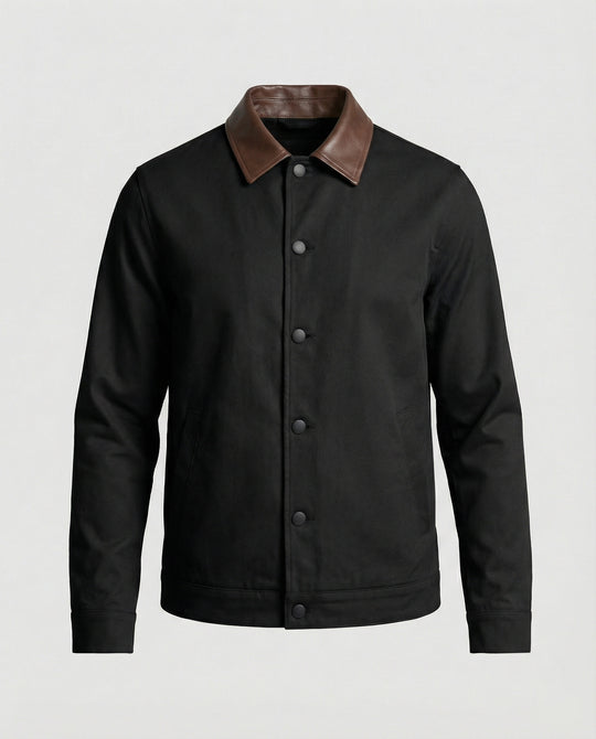 Herren kastenförmige Kurzjacke im Blousonstil mit Kontrastkragen in Lederoptik und seitlichen Eingrifftaschen R&B