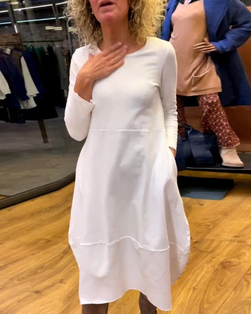 Damen nan asymmetrisches Ballonkleid mit dreiviertelärmeln, seitlichen Eingrifftaschen und fließendem Zipfelsaum R&B