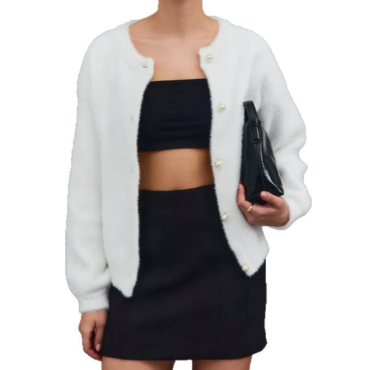 Damen Flauscher Cardigan mit dekorativen Perlenknöpfen R&B