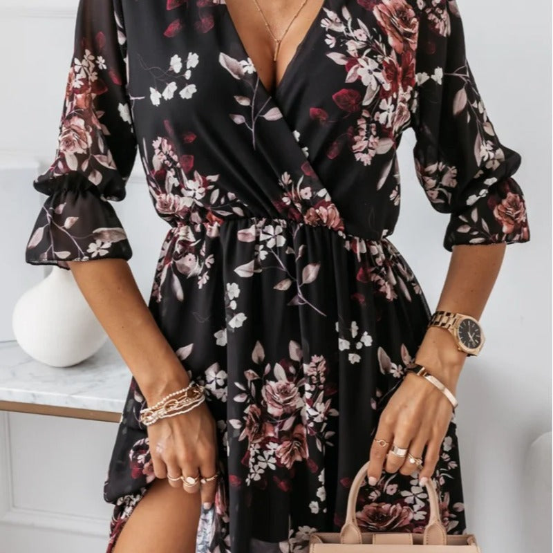Damen elegantes Maxikleid mit animalischen Mustern und modischem Schlitz R&B