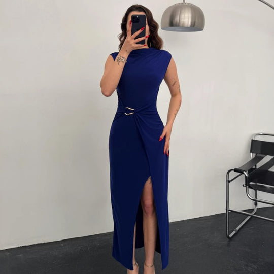 Damen Elegantes Wickelkleid mit seitlichem Schlitz und Gürtel R&B