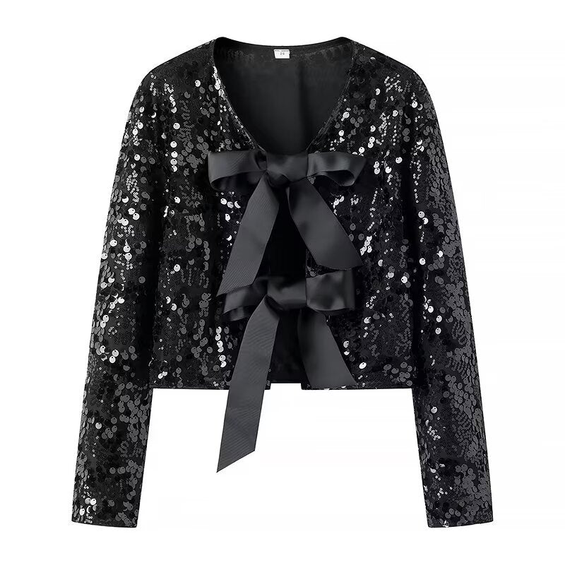 Damen elegante Lurex-Partyjacke mit Rüschen und schönen Schleifen R&B