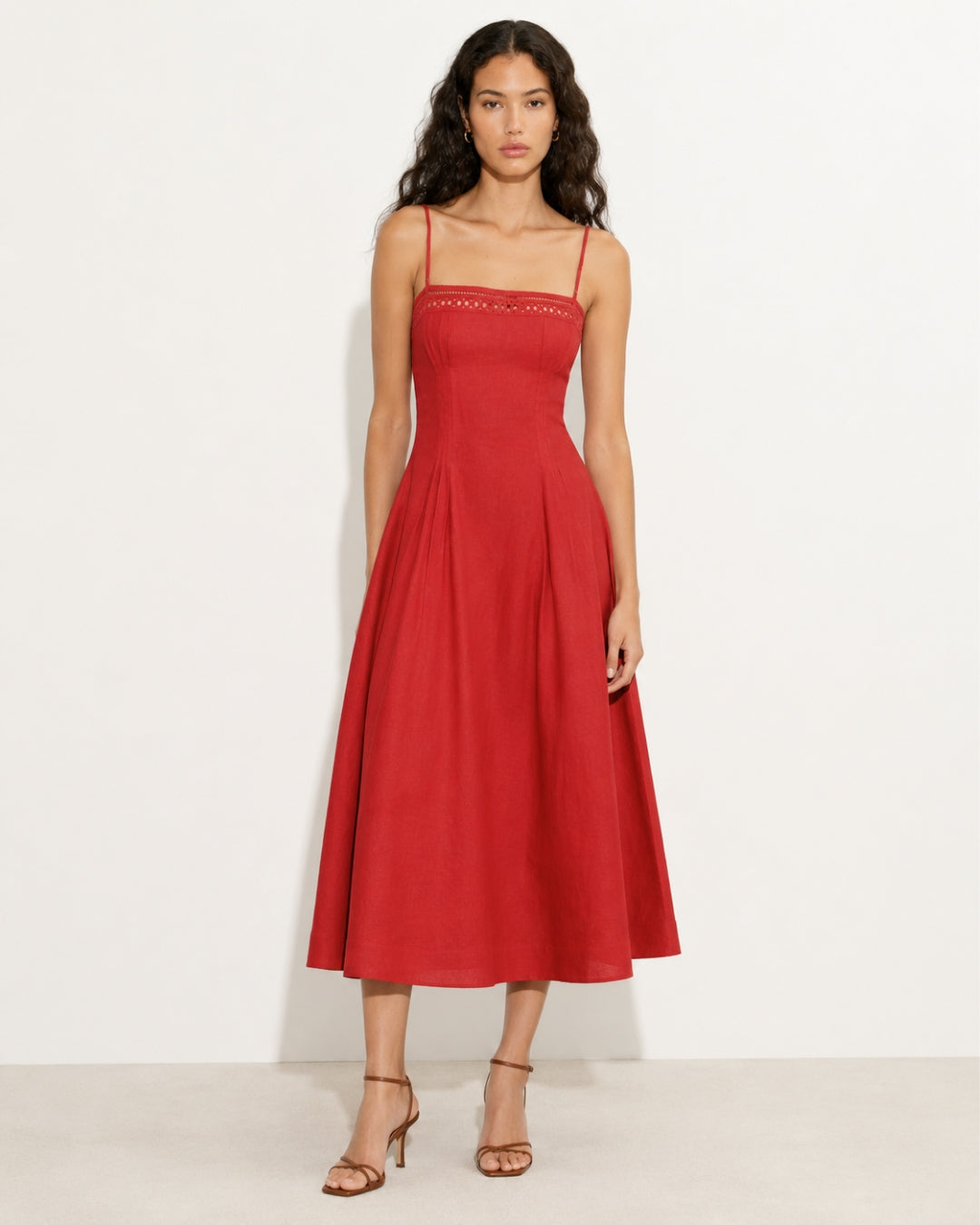 Damen nan Vintage-inspiriertes Midikleid mit schmalen Spaghettiträgern, Spitzenpassé und ausgestelltem Tellerrock R&B