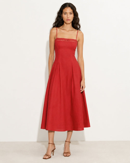Damen nan Vintage-inspiriertes Midikleid mit schmalen Spaghettiträgern, Spitzenpassé und ausgestelltem Tellerrock R&B