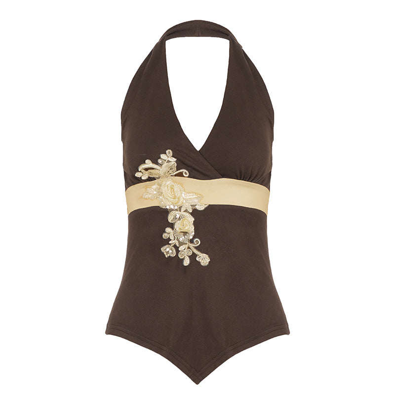 Damen eleganter Halter-Badeanzug mit luxuriösen Stickereien R&B
