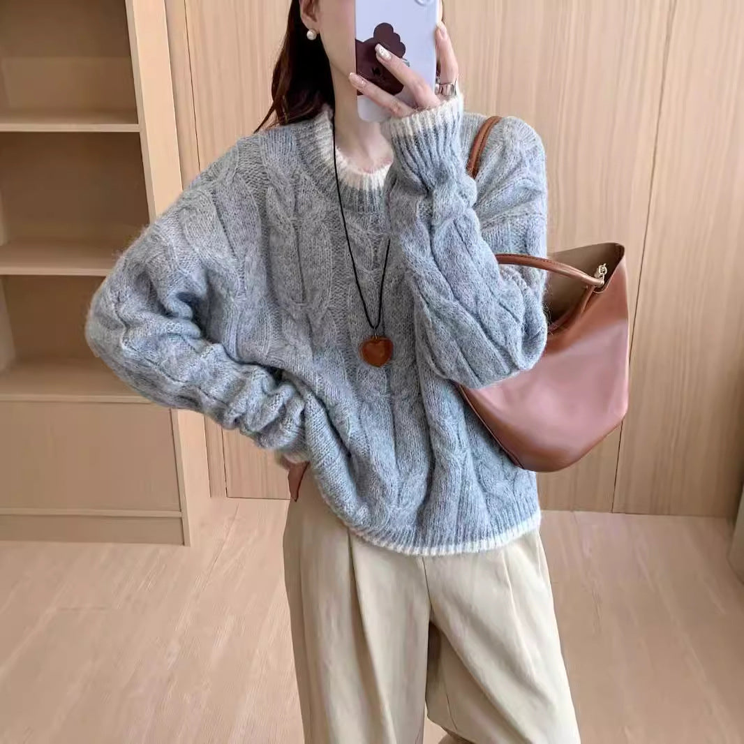 Damen Grob gestrickter Pullover mit Zopfmuster und Rundhalsausschnitt R&B