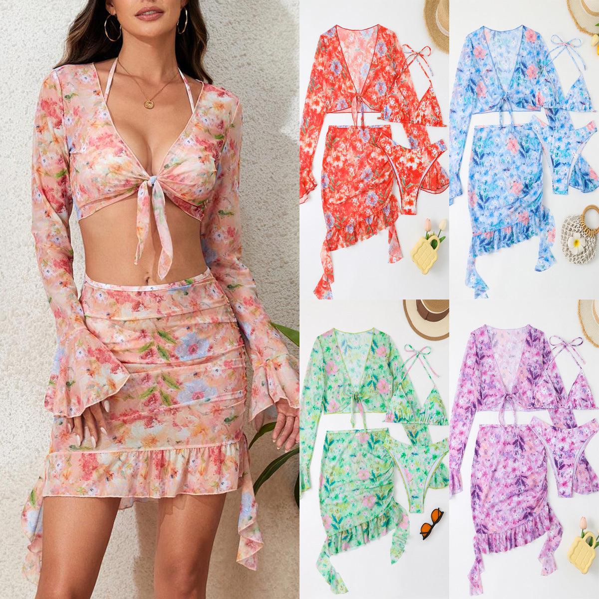 Damen Badeset mit floralem Design, kurzem Oberteil und Wickelrock R&B