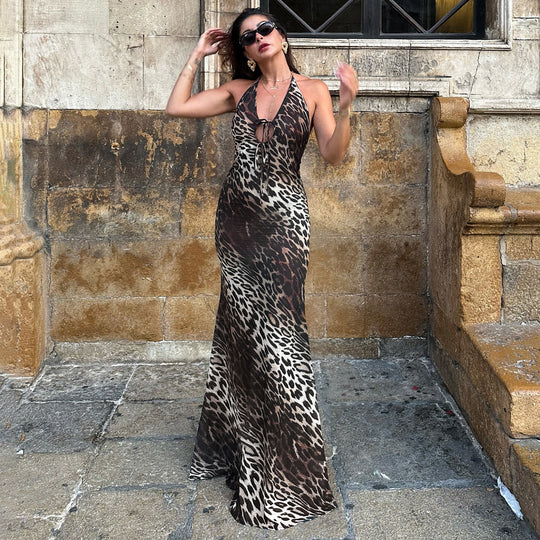 Damen Maxikleid mit tiefem V-Ausschnitt und aufregendem Leopardenmuster R&B