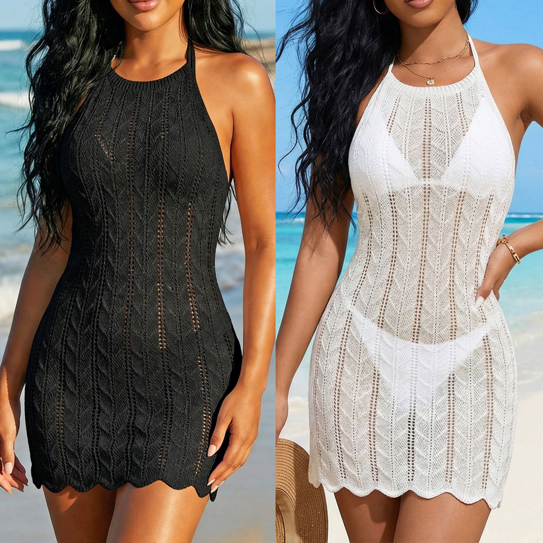 Damen gehäkeltes Strandkleid mit modischem V-Ausschnitt R&B