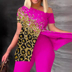 Damen Einseitig schulterfreier Jumpsuit mit animalischem Druck und Glitzerakzenten R&B