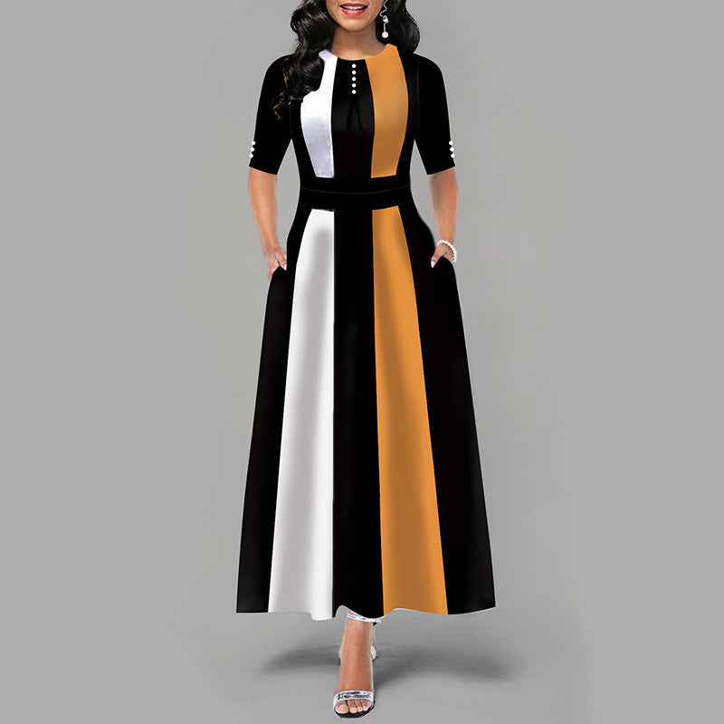 Damen Maxikleid mit modernem Blockdesign und seitlichen Taschen R&B