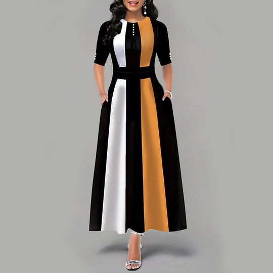 Damen Maxikleid mit modernem Blockdesign und seitlichen Taschen R&B