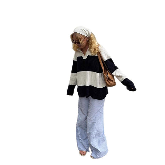 Damen Sportlicher Pullover mit Kragen und Blockstreifen R&B