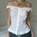 Damen Off-Shoulder Bluse mit Rüschensaum R&B