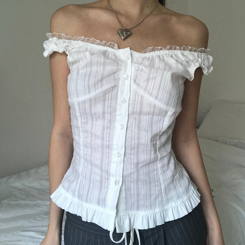 Damen Off-Shoulder Bluse mit Rüschensaum R&B
