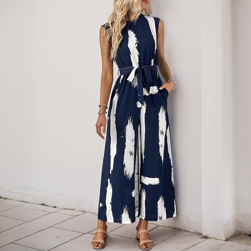 Damen Modischer Jumpsuit mit Taillengürtel und weitem Bein R&B