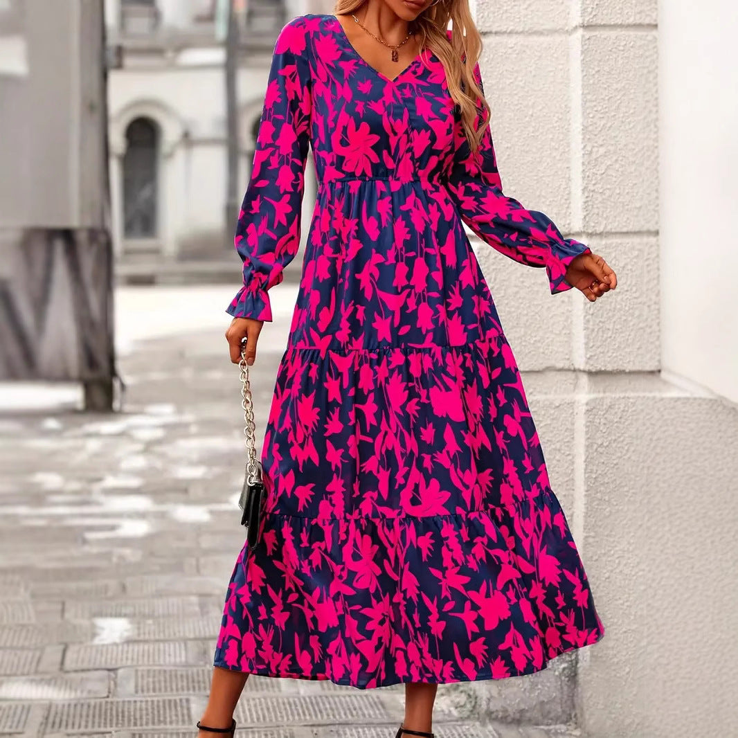 Damen Maxikleid mit V-Ausschnitt und voluminösen Ärmeln R&B