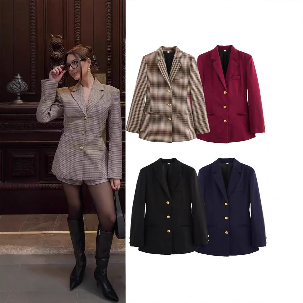 Damen elegante karierte Blazerjacke mit Goldknöpfen R&B