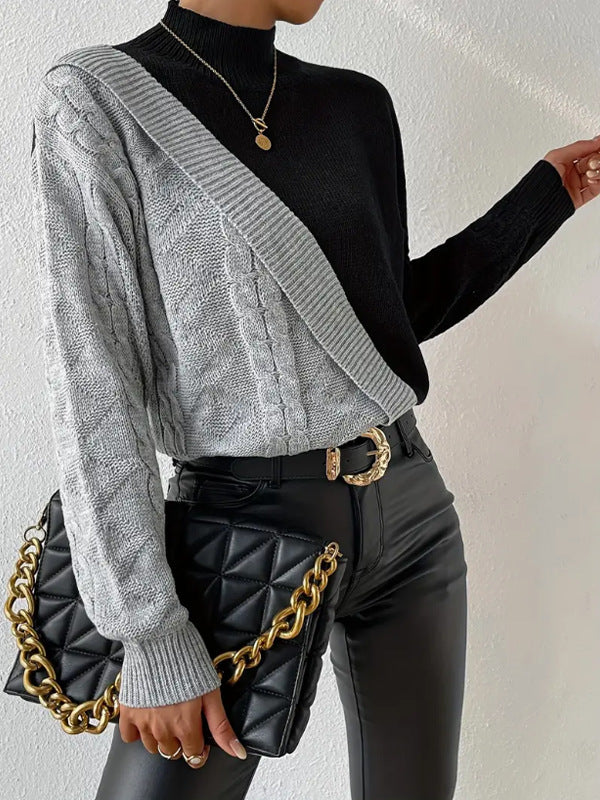 Damen modischer Strickpullover mit asymmetrischem Zopfdesign und hohen Kragen R&B