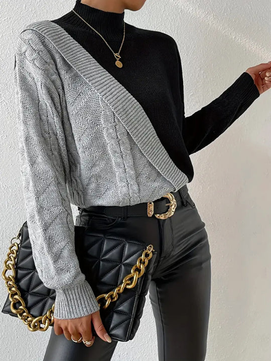 Damen modischer Strickpullover mit asymmetrischem Zopfdesign und hohen Kragen R&B