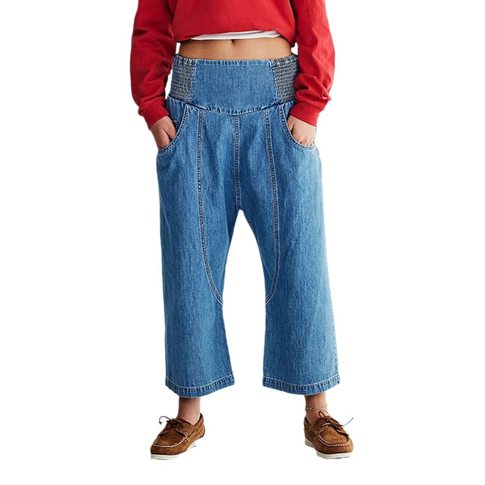 Damen lässige Loose-Fit Jeans mit elastischem Bund und geräumigen Taschen R&B