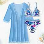 Damen Bikini-Set mit floralem Oberteil und eleganter Wickeljacke R&B